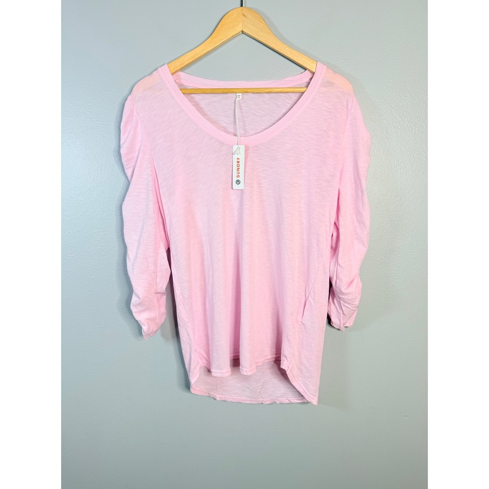 SUNDRY Pink‎ 3/4 Sleeve Top Ruched Puff Sleeve Pima Cotton Women's T-Shirt NWT